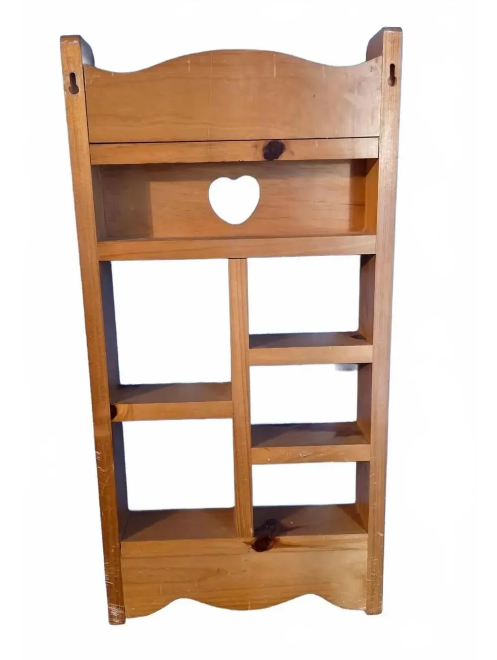 Vintage Pine Wood Wall Cubby Shelf Heart Cutout 5 Compartments Farmhouse